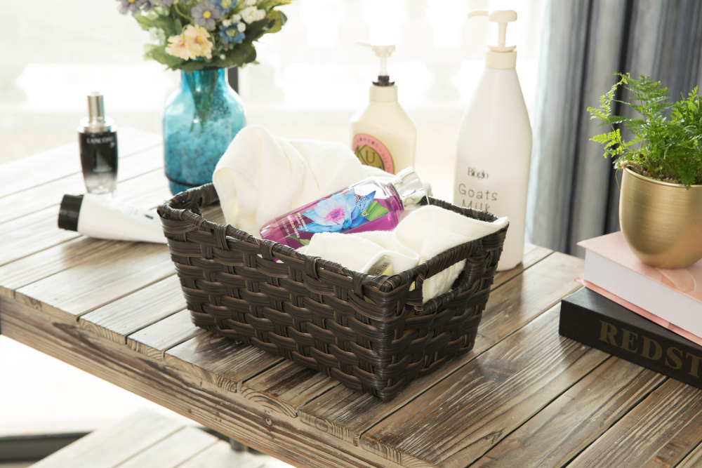 Black Plastic Wicker Shelf Basket Organizer