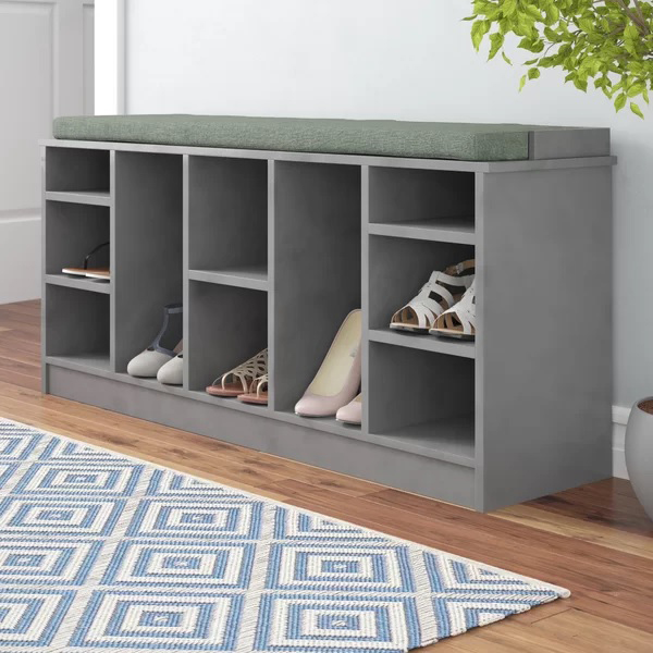 Wooden Shoe Cubicle Storage Entryway Bench with Soft Cushion for Seating