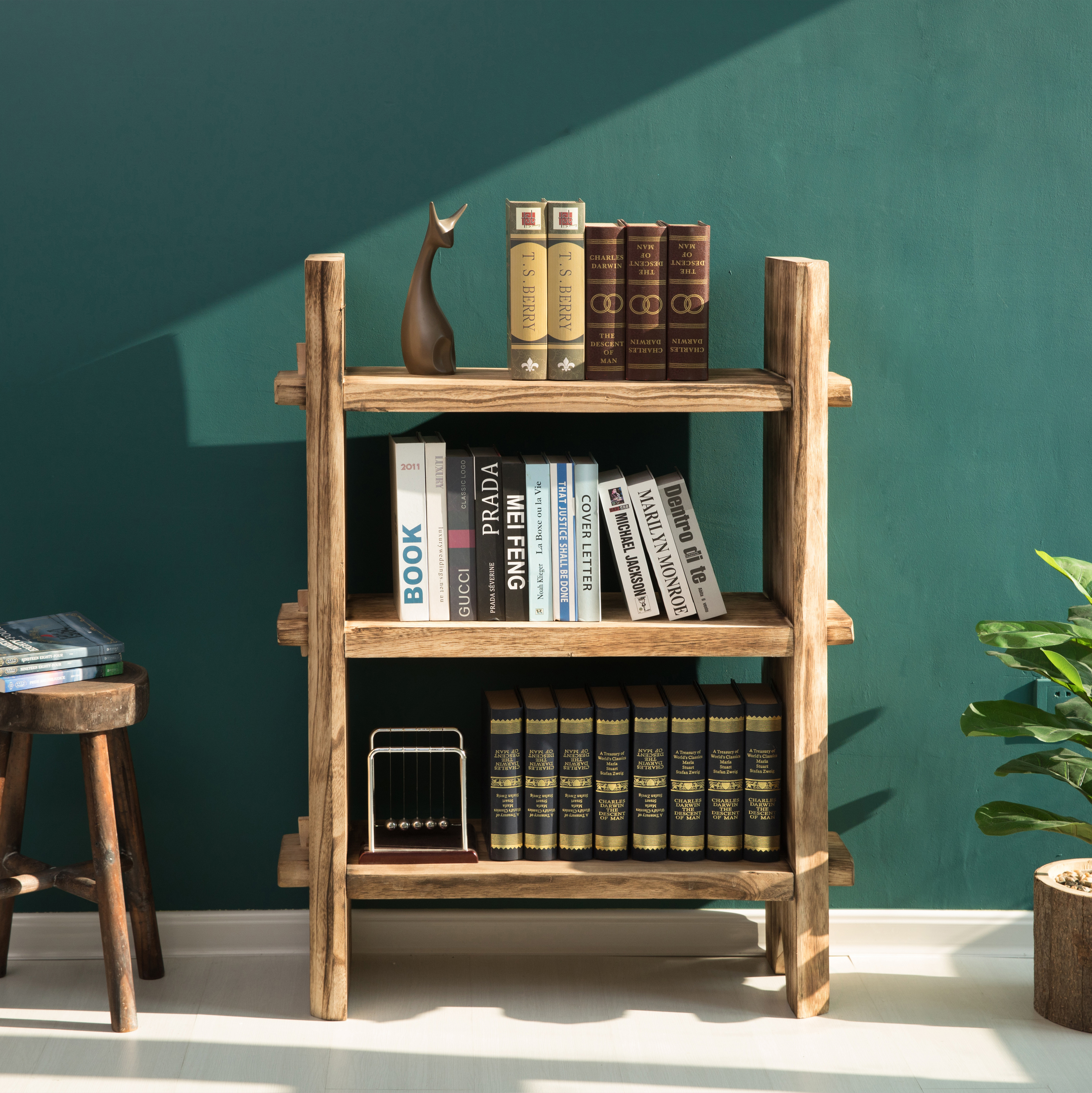 Natural Wooden Rustic Bark Three Tier Shelf Display for Entryway, Kitchen, and Outdoor